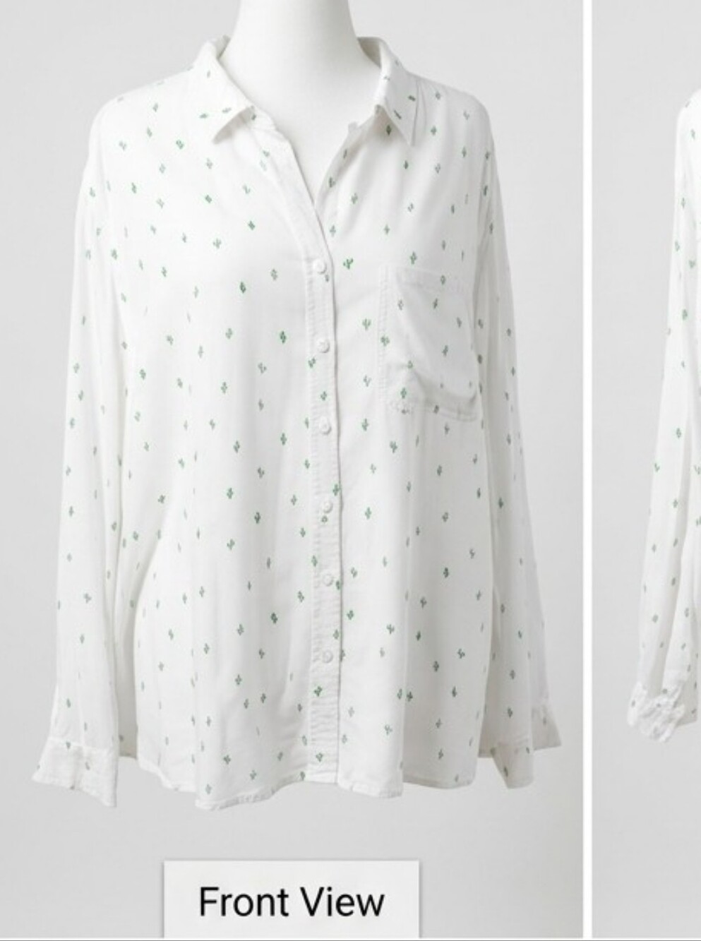 Flowy White Button-Up Blouse W/ Cute Tiny Green Cactus Print - Desert Babe View 3